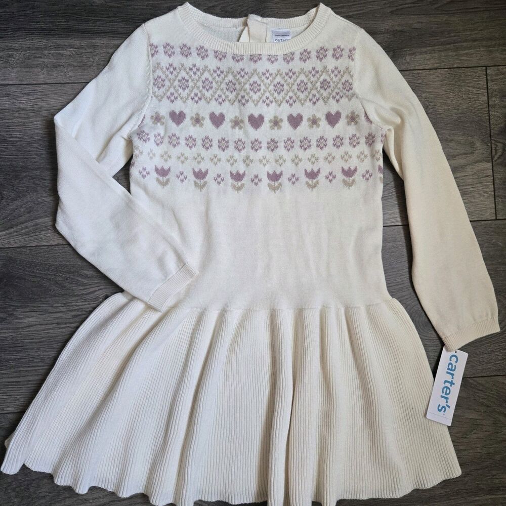 Carters 5T Toddler Girl Fair Isle Sweater Dress Ivory Cream Knit Skater Pleated
